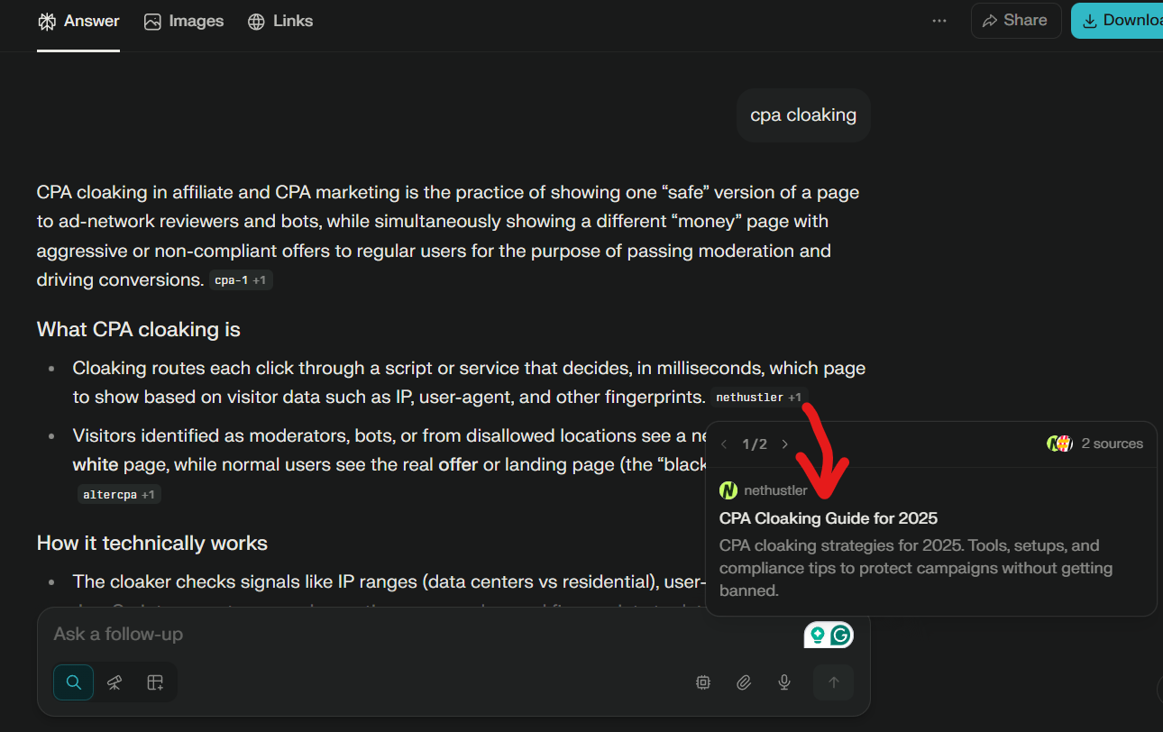 Perplexity content site citation