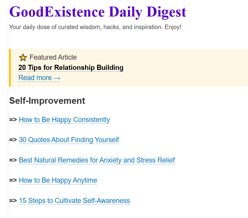 Example of a curated automated newsletter for a self-improvement blog
