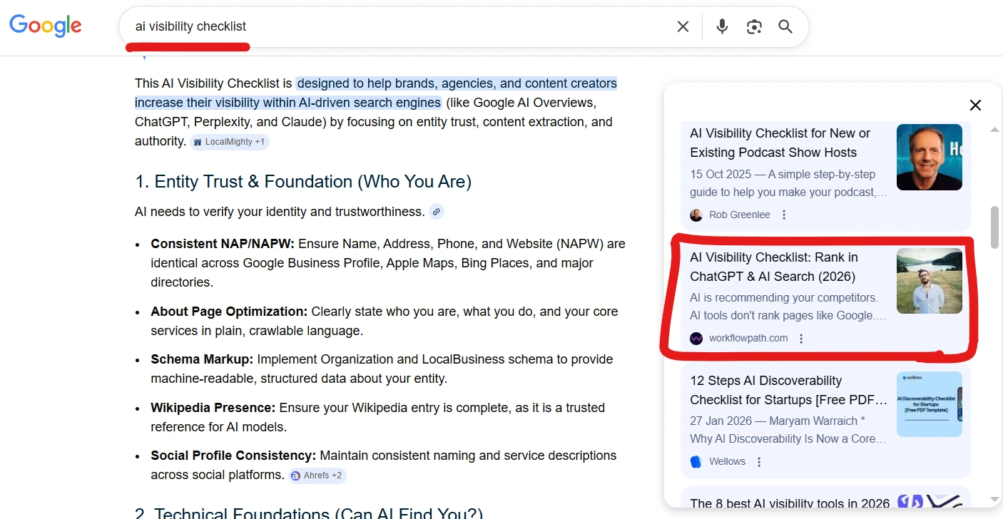 WorkflowPath appearing in Google AI Overview for ai visibility checklist